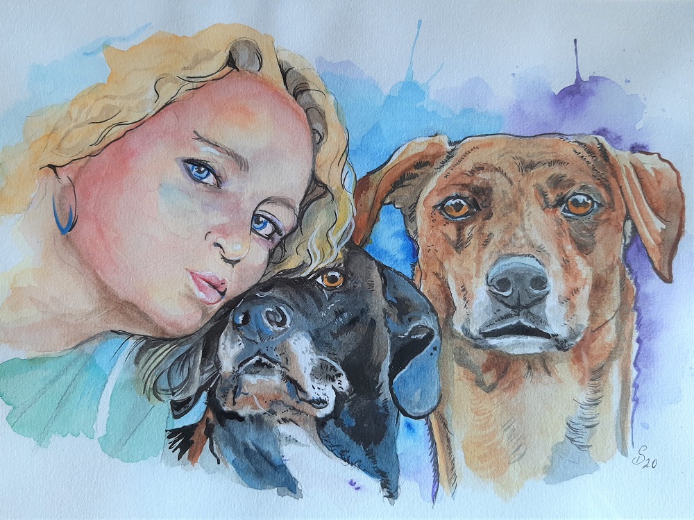 sandra-duschl Gemälde von Sandra Duschl (Pink Ink), Christine mit Paco und Cara